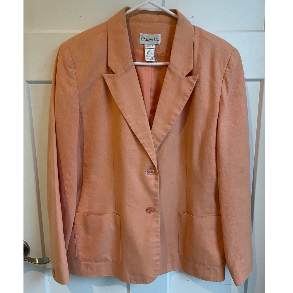 Vintage Chadwick's 100% Linen Cotton Blend Peach Coral 3-Button Blazer Lined 12